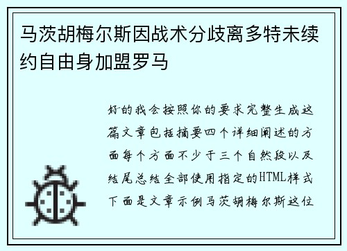 马茨胡梅尔斯因战术分歧离多特未续约自由身加盟罗马