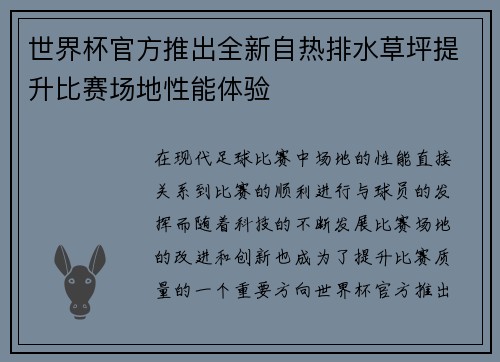 世界杯官方推出全新自热排水草坪提升比赛场地性能体验