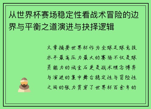 从世界杯赛场稳定性看战术冒险的边界与平衡之道演进与抉择逻辑 从世界杯赛场稳定性看战术冒险的边界与平衡之道演进与抉择逻辑